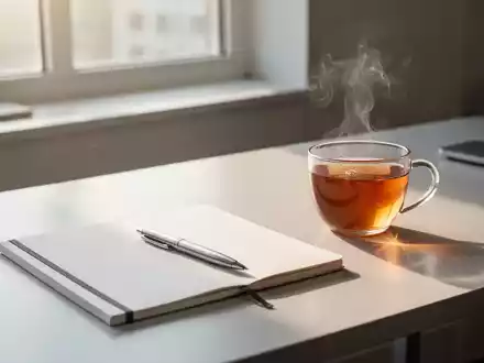 Ein minimalistischer, aufgeräumter Schreibtisch mit einem Notizbuch und einer Tasse Tee in hellem Morgenlicht. - Foto: über boerse-global.de