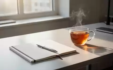 Ein minimalistischer, aufgeräumter Schreibtisch mit einem Notizbuch und einer Tasse Tee in hellem Morgenlicht. - Foto: über boerse-global.de
