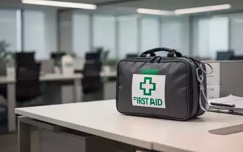 Erste-Hilfe-Kasten auf einem modernen Schreibtisch in einer professionellen Büroumgebung. - Foto: über boerse-global.de