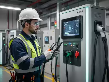 Elektriker bei der fachgerechten Sicherheitsprüfung einer E-Ladestation im industriellen Umfeld. - Foto: über boerse-global.de