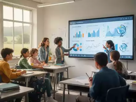 Schüler in einem modernen ländlichen Klassenzimmer nutzen ein interaktives Smart-Display für digitales Lernen. - Foto: über boerse-global.de