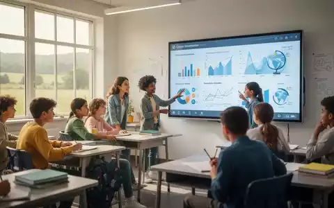Schüler in einem modernen ländlichen Klassenzimmer nutzen ein interaktives Smart-Display für digitales Lernen. - Foto: über boerse-global.de