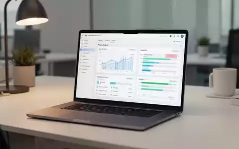 Moderner Arbeitsplatz mit einem Laptop, auf dem eine Projektmanagement-Software zur digitalen Zeiterfassung zu sehen ist. - Foto: über boerse-global.de