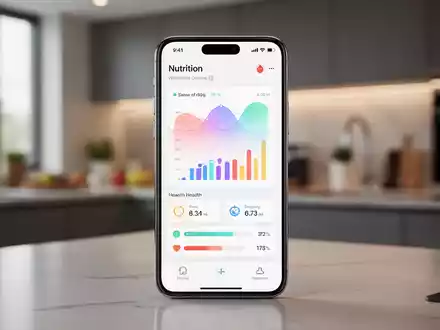 Ein Smartphone zeigt ein digitales Dashboard zur Kalorien- und Ernährungsverwaltung in einer modernen Küchenumgebung. - Foto: über boerse-global.de