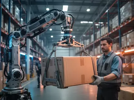 Ein Arbeiter nutzt ein robotisches Hebesystem zur Entlastung bei der Zustellung eines schweren Pakets im Logistikzentrum. - Foto: über boerse-global.de
