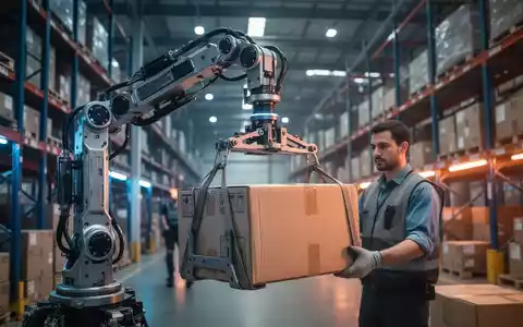 Ein Arbeiter nutzt ein robotisches Hebesystem zur Entlastung bei der Zustellung eines schweren Pakets im Logistikzentrum. - Foto: über boerse-global.de