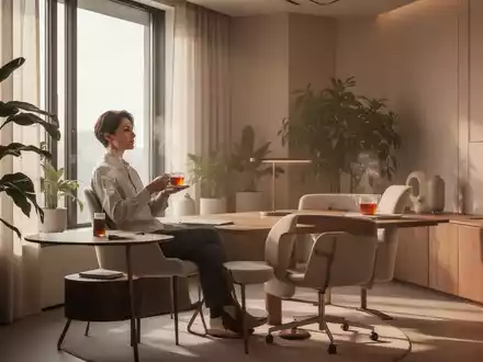 Eine Person sitzt entspannt in einem modernen, ruhigen Büro mit natürlichem Licht und Pflanzen zur mentalen Erholung. - Foto: über boerse-global.de