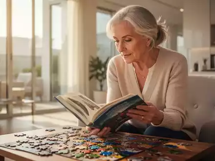 Eine ältere Frau löst konzentriert ein Rätsel in einem hellen, modern eingerichteten Raum. - Foto: über boerse-global.de