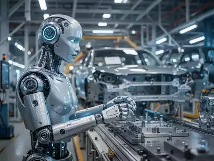 Ein humanoider Roboter bei der Arbeit an einem modernen Automobilmontageband in einer industriellen Fertigungshalle. - Foto: über boerse-global.de