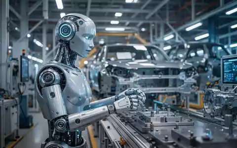 Ein humanoider Roboter bei der Arbeit an einem modernen Automobilmontageband in einer industriellen Fertigungshalle. - Foto: über boerse-global.de
