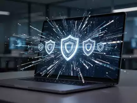 Moderner Laptop-Bildschirm mit abstrakten digitalen Datenströmen und Datenschutzsymbolen in einem professionellen Büro. - Foto: über boerse-global.de