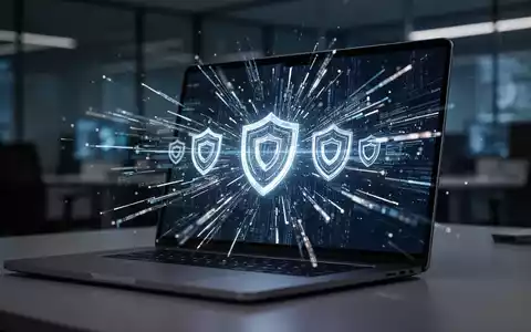 Moderner Laptop-Bildschirm mit abstrakten digitalen Datenströmen und Datenschutzsymbolen in einem professionellen Büro. - Foto: über boerse-global.de