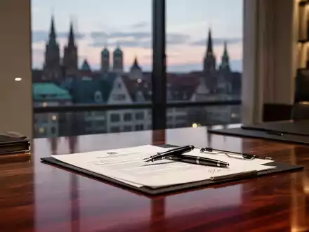 Ein edler Schreibtisch mit einem Füllfederhalter auf einem Rechtsdokument in einem modernen Anwaltsbüro. - Foto: über boerse-global.de