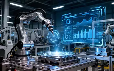 Ein hochmoderner industrieller Fertigungsbereich mit einem Roboterarm, der mit einer digitalen Datenschnittstelle interagiert. - Foto: über boerse-global.de