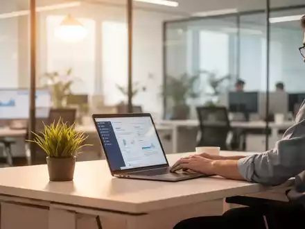 Ein moderner, heller Arbeitsplatz mit Laptop und Pflanze, der eine ruhige und gesundheitsfördernde Atmosphäre ausstrahlt. - Foto: über boerse-global.de