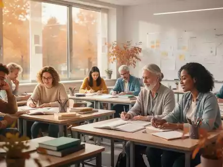 Eine Gruppe von Menschen in einem modernen, hellen Kursraum einer Volkshochschule während einer Weiterbildung. - Foto: über boerse-global.de