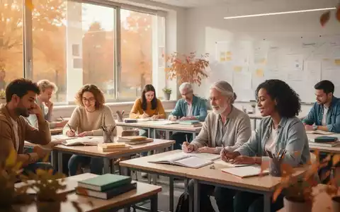 Eine Gruppe von Menschen in einem modernen, hellen Kursraum einer Volkshochschule während einer Weiterbildung. - Foto: über boerse-global.de