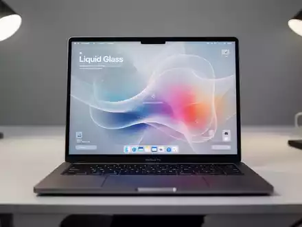 Hochwertiges MacBook Pro mit moderner, transluzenter Liquid-Glass-Benutzeroberfläche auf minimalistischem Schreibtisch. - Foto: über boerse-global.de