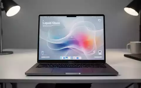 Hochwertiges MacBook Pro mit moderner, transluzenter Liquid-Glass-Benutzeroberfläche auf minimalistischem Schreibtisch. - Foto: über boerse-global.de