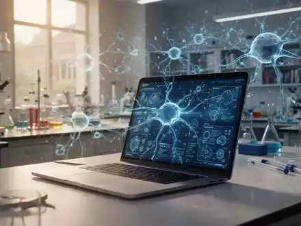 Ein moderner, sonnendurchfluteter universitärer Forschungsraum mit einem Laptop, auf dem digitale KI-Strukturen zu sehen sind. - Foto: über boerse-global.de