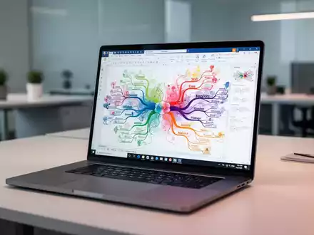 Laptop-Bildschirm mit komplexer digitaler Mindmap und Präsentationsfolien in modernem Büro. - Foto: über boerse-global.de