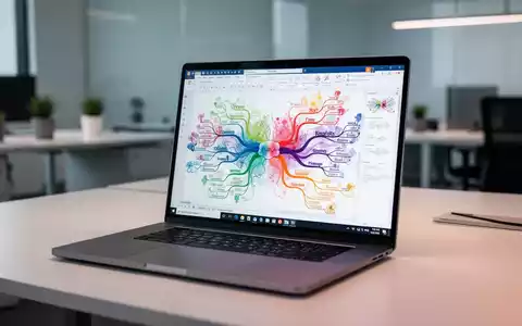 Laptop-Bildschirm mit komplexer digitaler Mindmap und Präsentationsfolien in modernem Büro. - Foto: über boerse-global.de