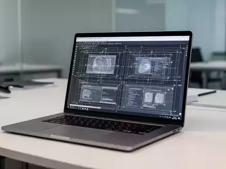 Laptop-Bildschirm mit professioneller Präsentationsfolie, Gitternetzlinien und Strukturelementen. - Foto: über boerse-global.de