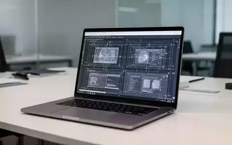 Laptop-Bildschirm mit professioneller Präsentationsfolie, Gitternetzlinien und Strukturelementen. - Foto: über boerse-global.de