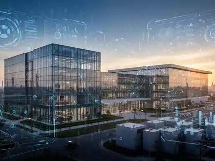 Modernes Hightech-Industriegebäude mit digitalen Datenvisualisierungen als Symbol für den wirtschaftlichen Wandel. - Foto: über boerse-global.de