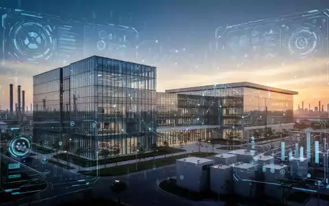 Modernes Hightech-Industriegebäude mit digitalen Datenvisualisierungen als Symbol für den wirtschaftlichen Wandel. - Foto: über boerse-global.de