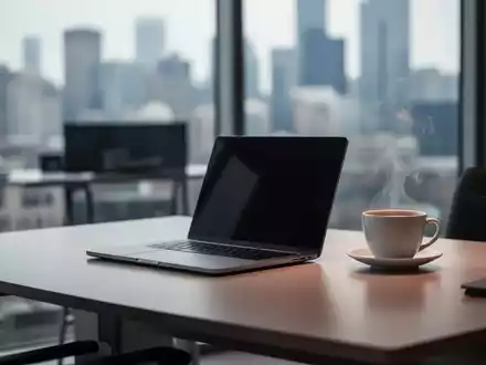Ein moderner, aufgeräumter Homeoffice-Arbeitsplatz mit Laptop und Kaffeetasse vor einem Fenster. - Foto: über boerse-global.de