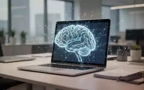 Ein moderner Büroarbeitsplatz mit einem Laptop und einer abstrakten digitalen Darstellung eines Gehirn-Netzwerks. - Foto: über boerse-global.de