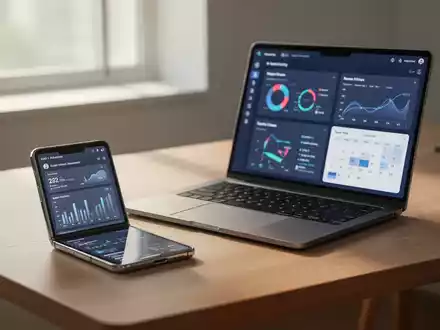 Moderner Arbeitsplatz mit Smartphone und Laptop, auf denen Produktivitäts-Apps und Daten-Dashboards zu sehen sind. - Foto: über boerse-global.de
