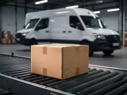 Ein Paket auf einem Förderband in einem modernen Logistikzentrum, das die Effizienz in der Zustellbranche symbolisiert. - Foto: über boerse-global.de