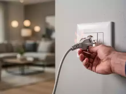 Ein von der Steckdose getrenntes Stromkabel in einem modernen Wohnraum als Maßnahme zur Brandschutzprävention. - Foto: über boerse-global.de