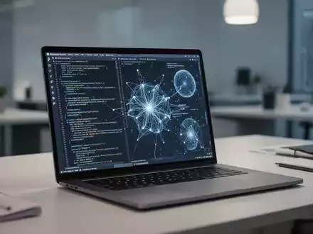 Moderner Arbeitsplatz mit Laptop, auf dem Code und Datenvisualisierungen für die Entwicklung von KI-Agenten zu sehen sind. - Foto: über boerse-global.de