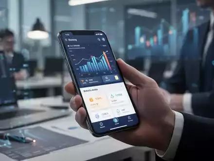 Ein Smartphone zeigt eine moderne Banking-App mit Finanzübersichten in einer professionellen Büroumgebung. - Foto: über boerse-global.de