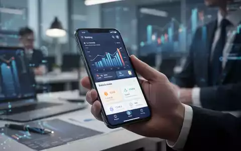 Ein Smartphone zeigt eine moderne Banking-App mit Finanzübersichten in einer professionellen Büroumgebung. - Foto: über boerse-global.de