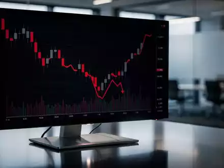 Digitaler Aktienchart mit fallendem Trendverlauf auf einem Monitor vor verschwommenem Bürohintergrund - Foto: über boerse-global.de
