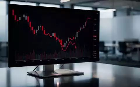 Digitaler Aktienchart mit fallendem Trendverlauf auf einem Monitor vor verschwommenem Bürohintergrund - Foto: über boerse-global.de