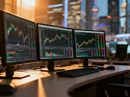 Moderne Finanz-Trading-Monitore mit Börsendaten vor unscharfem Hintergrund eines Finanzviertels. - Foto: über boerse-global.de
