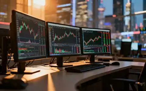 Moderne Finanz-Trading-Monitore mit Börsendaten vor unscharfem Hintergrund eines Finanzviertels. - Foto: über boerse-global.de