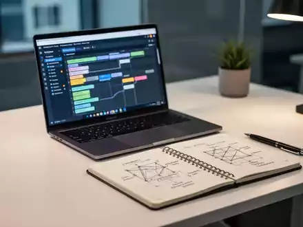 Moderner, strukturierter Arbeitsplatz mit Laptop und Projektplanungs-Diagrammen für effizientes Arbeiten. - Foto: über boerse-global.de