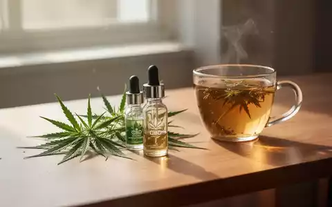 CBD-Öl, eine Hanfpflanze und eine Tasse Tee auf einem Holztisch in einer ruhigen, hellen Arbeitsumgebung. - Foto: über boerse-global.de