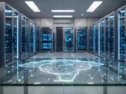 Moderner digitaler Bankenserverraum mit leuchtenden Netzwerkverbindungen, die Cybersicherheit und Datenverwaltung darstellen. - Foto: über boerse-global.de