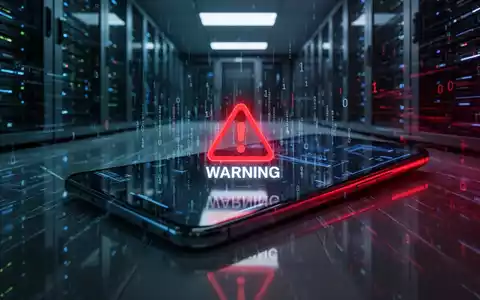 Ein Smartphone-Bildschirm mit einer digitalen Warnmeldung in einem dunklen, technologisch gestalteten Serverraum. - Foto: über boerse-global.de