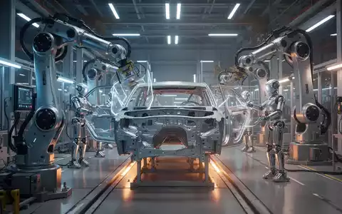 Fortschrittliche humanoide Roboter und automatisierte Arme arbeiten an einer Fahrzeugmontagelinie in einer Hightech-Fabrik. - Foto: über boerse-global.de