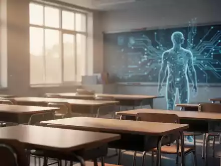 Leerer moderner Klassenraum mit Tischen und sanftem Sonnenlicht, symbolisiert eine Pause in der Technologieumsetzung. - Foto: über boerse-global.de