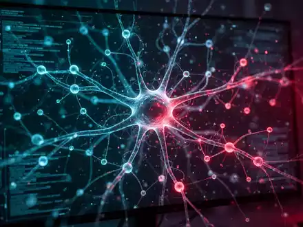 Abstraktes digitales neuronales Netzwerk auf einem dunklen Bildschirm, das Sicherheitsrisiken durch künstliche Intelligenz symbolisiert. - Foto: über boerse-global.de