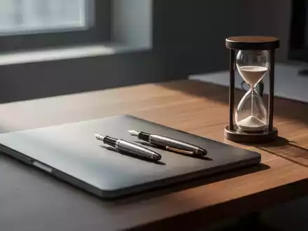 Minimalistischer Arbeitsplatz mit Notizbuch und Sanduhr als Symbol für konzentriertes Arbeiten und Fokus. - Foto: über boerse-global.de